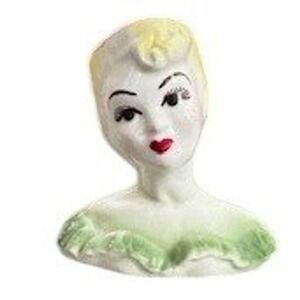 Vintage 1950's Horton Ceramic Lady Head Vase Green Ruffle Collar Blonde Hair